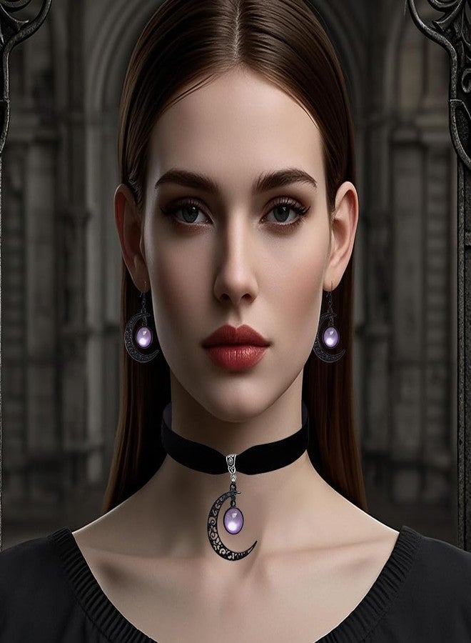 Asiamist Gothic Moon Necklace Earrings Set for Women Black Velvet Choker Necklace Punk Moon Dangle Earring Vintage Crystal Crescent Cameo Pendant Necklaces Goth Jewelry Halloween Costume Accessories (Purple) - Image 3